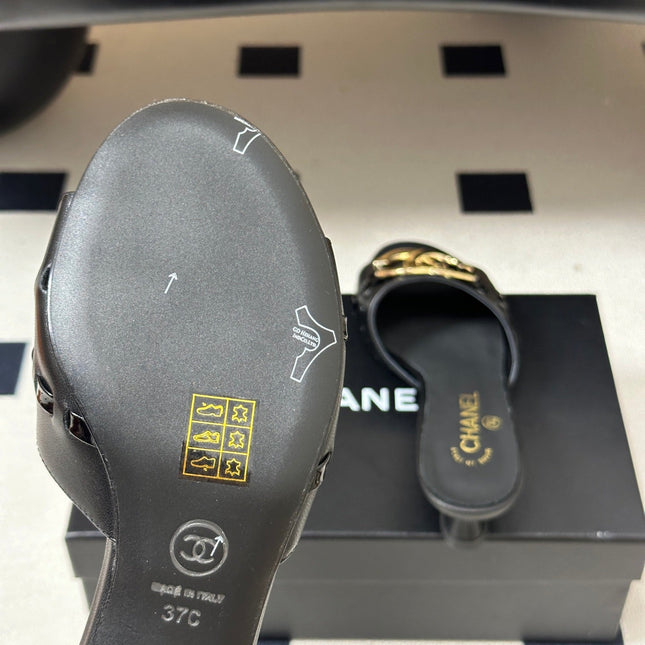 CHANEL 26S HIGH HEEL MULE IN BLACK LAMBSKIN WITH GOLD TONE CC LOGO