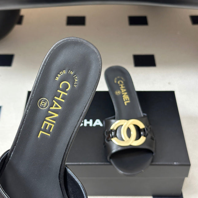 CHANEL 26S HIGH HEEL MULE IN BLACK LAMBSKIN WITH GOLD TONE CC LOGO