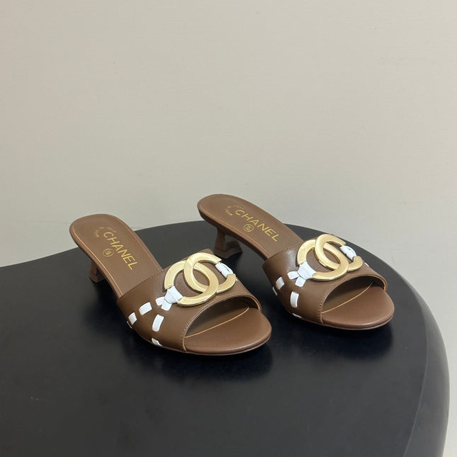 CHANEL 26S HIGH HEEL MULE IN BROWN LAMBSKIN WITH GOLD TONE CC LOGO