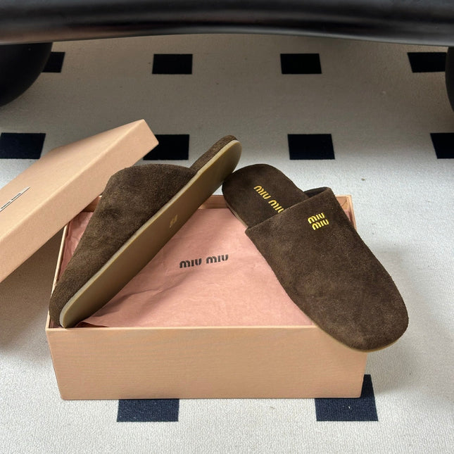 MIUMIU 26S MULE LOAFERS IN DARK BROWN SUEDE LOGO