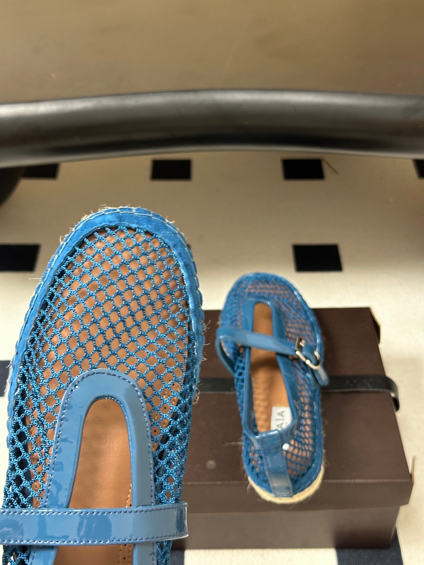 ALAIA 26S MESH ESPADRILLES IN NAVY BLUE PATENT LEATHER AND MESH