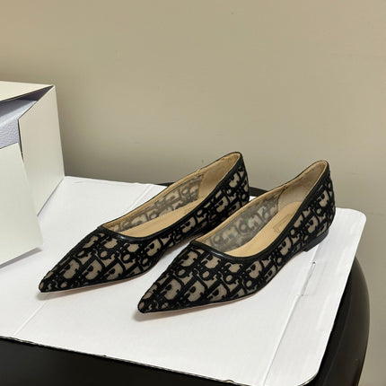 DIOR 26S POINTED-TOE FLATS IN BLACK MESH OBLIQUE EMBROIDERED CANVAS
