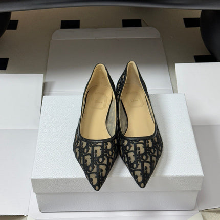 DIOR 26S POINTED-TOE FLATS IN BLACK MESH OBLIQUE EMBROIDERED CANVAS