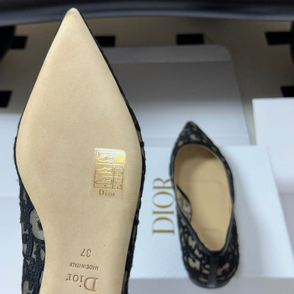 DIOR 26S POINTED-TOE FLATS IN BLACK MESH OBLIQUE EMBROIDERED CANVAS