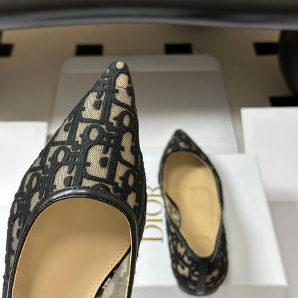 DIOR 26S POINTED-TOE FLATS IN BLACK MESH OBLIQUE EMBROIDERED CANVAS