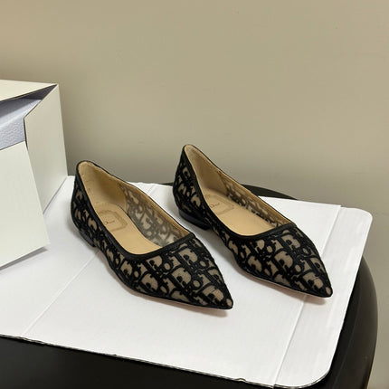 DIOR 26S POINTED-TOE FLATS IN BLACK MESH OBLIQUE EMBROIDERED CANVAS