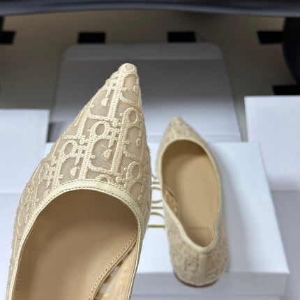 DIOR 26S POINTED-TOE FLATS IN BEIGE MESH OBLIQUE EMBROIDERED CANVAS
