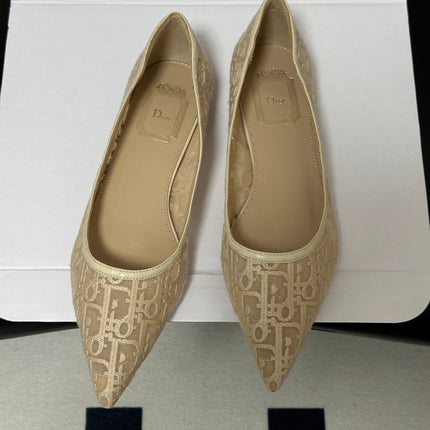 DIOR 26S POINTED-TOE FLATS IN BEIGE MESH OBLIQUE EMBROIDERED CANVAS