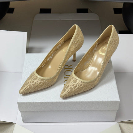 DIOR 26S POINTED-TOE PUMPS 80MM IN BEIGE MESH OBLIQUE EMBROIDERED CANVAS