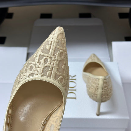 DIOR 26S POINTED-TOE PUMPS 80MM IN BEIGE MESH OBLIQUE EMBROIDERED CANVAS