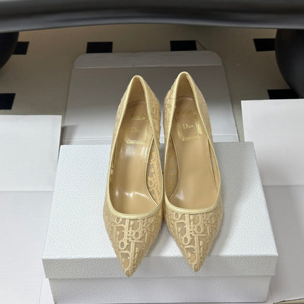 DIOR 26S POINTED-TOE PUMPS 80MM IN BEIGE MESH OBLIQUE EMBROIDERED CANVAS