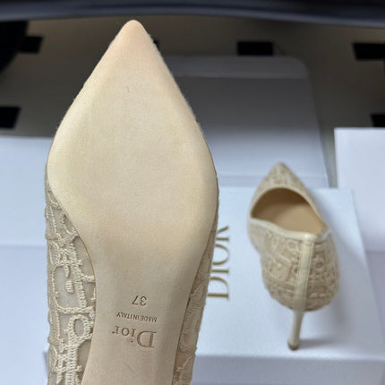 DIOR 26S POINTED-TOE PUMPS 80MM IN BEIGE MESH OBLIQUE EMBROIDERED CANVAS