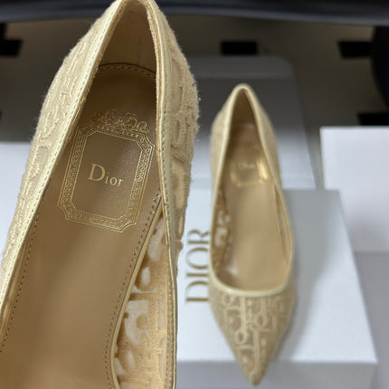 DIOR 26S POINTED-TOE PUMPS 80MM IN BEIGE MESH OBLIQUE EMBROIDERED CANVAS