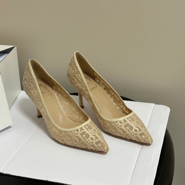 DIOR 26S POINTED-TOE PUMPS 80MM IN BEIGE MESH OBLIQUE EMBROIDERED CANVAS
