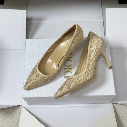 DIOR 26S POINTED-TOE PUMPS 80MM IN BEIGE MESH OBLIQUE EMBROIDERED CANVAS