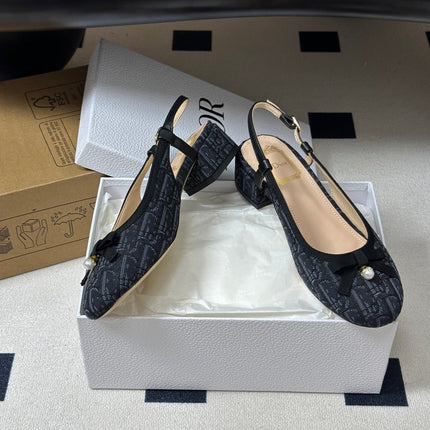 DIOR 26S SLINGBACK PUMPS 35MM IN BLACK BLUE DIOR OBLIQUE EMBROIDERED CANVAS WITH BOW