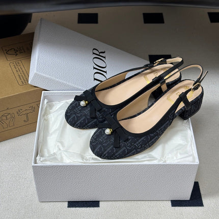 DIOR 26S SLINGBACK PUMPS 35MM IN BLACK BLUE DIOR OBLIQUE EMBROIDERED CANVAS WITH BOW
