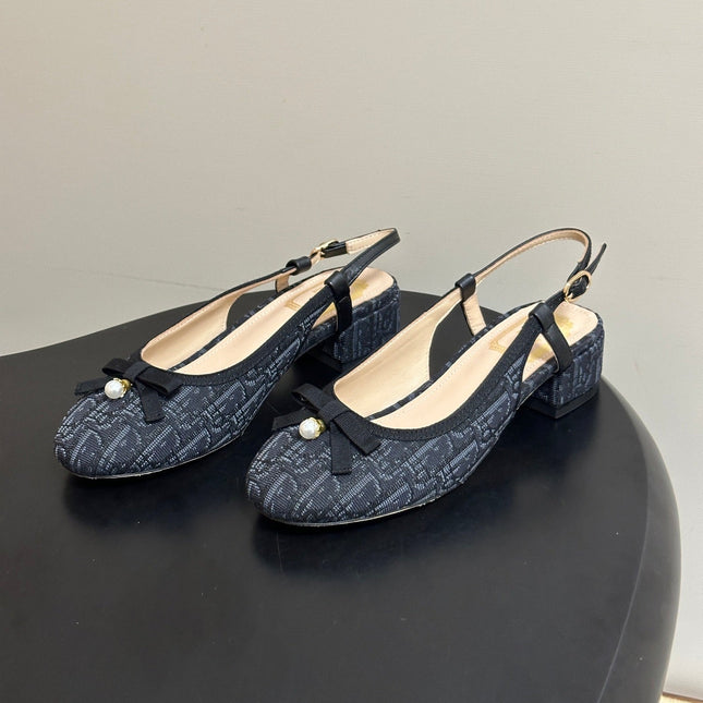 DIOR 26S SLINGBACK PUMPS 35MM IN BLACK BLUE DIOR OBLIQUE EMBROIDERED CANVAS WITH BOW