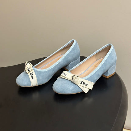 DIOR 26S MARY JANE HIGH HEELS 35MM IN LIGHT BLUE SUEDE WITH WHITE LOGO RIBBON