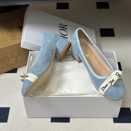 DIOR 26S MARY JANE HIGH HEELS 35MM IN LIGHT BLUE SUEDE WITH WHITE LOGO RIBBON