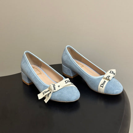 DIOR 26S MARY JANE HIGH HEELS 35MM IN LIGHT BLUE SUEDE WITH WHITE LOGO RIBBON