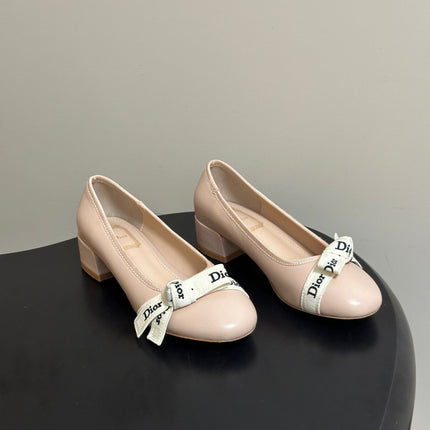 DIOR 26S MARY JANE HIGH HEELS 35MM IN NUDE BEIGE CALFSKIN WITH WHITE LOGO RIBBON