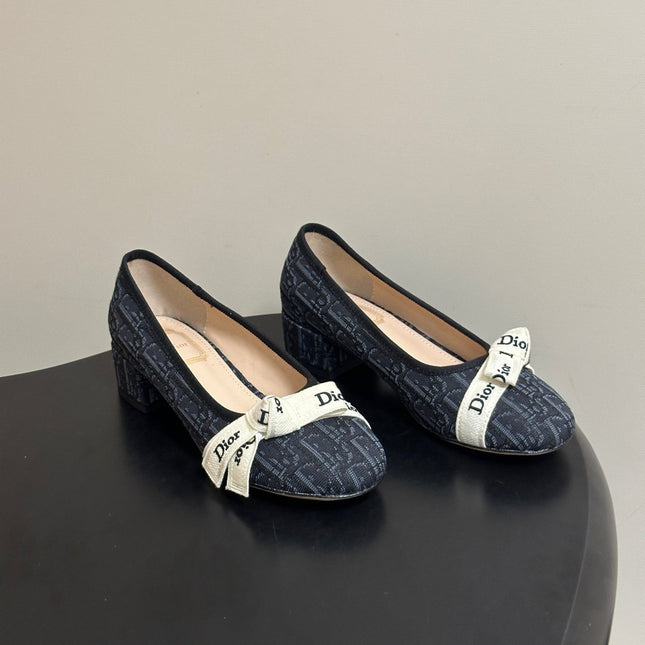 DIOR 26S J'ADIOR OBLIQUE BOW PUMPS 35MM IN BLACK DIOR OBLIQUE EMBROIDERED CANVAS