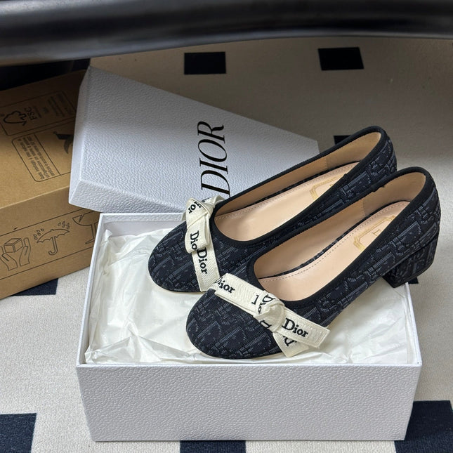DIOR 26S J'ADIOR OBLIQUE BOW PUMPS 35MM IN BLACK DIOR OBLIQUE EMBROIDERED CANVAS