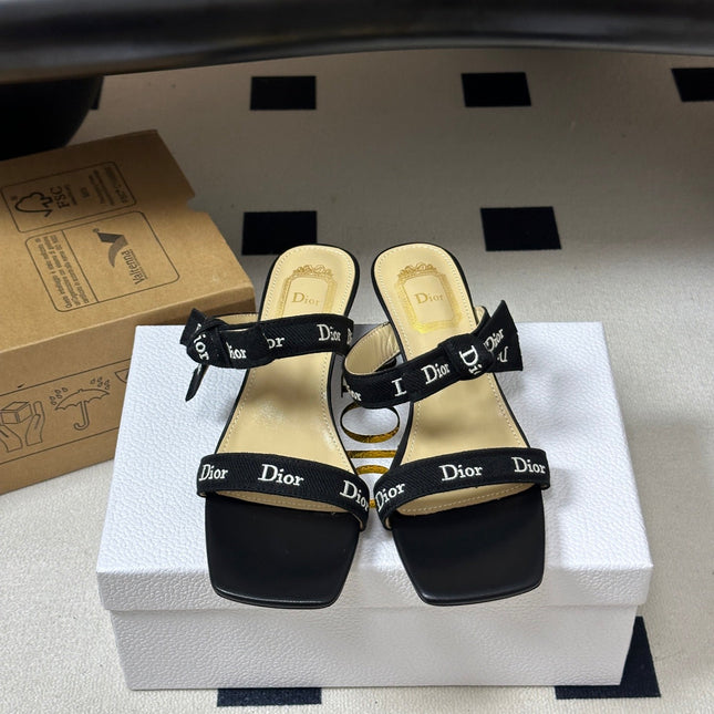 DIOR 26S J'ADIOR MULE SANDALS 35MM IN BLACK CALFSKIN WITH LOGO RIBBON
