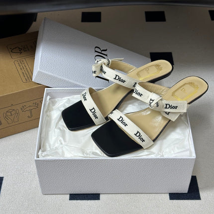 DIOR 26S J'ADIOR MULE SANDALS 35MM IN BLACK CALFSKIN WITH WHITE LOGO RIBBON