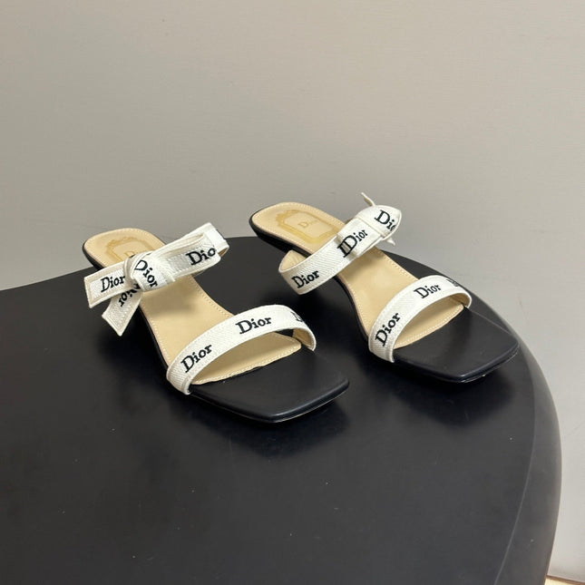 DIOR 26S J'ADIOR MULE SANDALS 35MM IN BLACK CALFSKIN WITH WHITE LOGO RIBBON