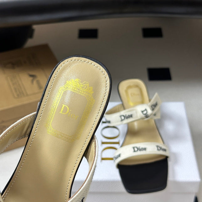 DIOR 26S J'ADIOR MULE SANDALS 35MM IN BLACK CALFSKIN WITH WHITE LOGO RIBBON