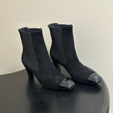 CHANEL 26S ANKLE BOOTS 60 MM IN BLACK SUEDE AND PATENT