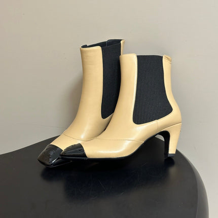 CHANEL 26S ANKLE BOOTS 60 MM IN BEIGE CALFSKIN AND BLACK PATENT