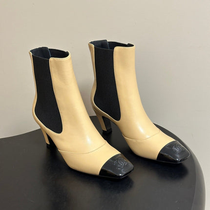 CHANEL 26S ANKLE BOOTS 60 MM IN BEIGE CALFSKIN AND BLACK PATENT