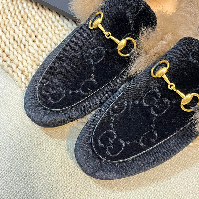 HORSEBIT MULE IN BLACK MONOGRAM VELVET AND LAMB WOOL LINING