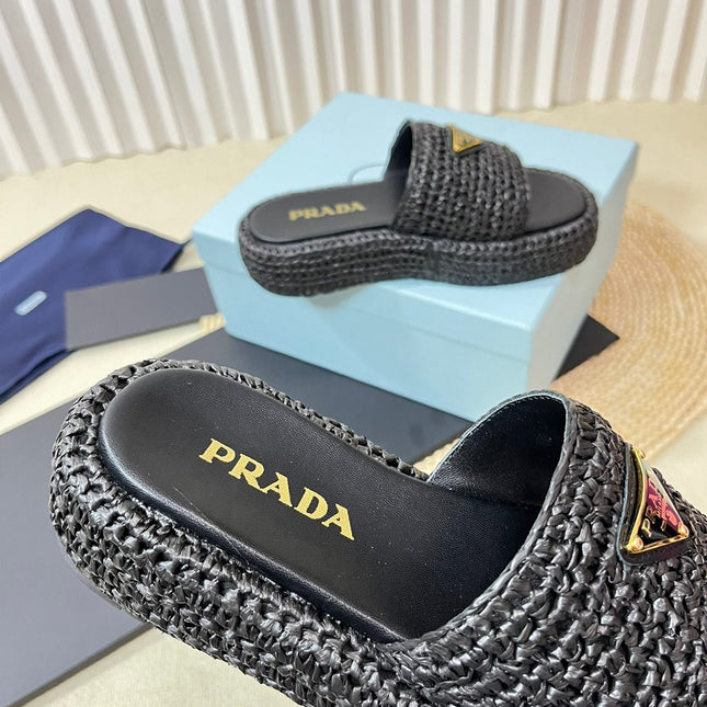 PRA CROCHET FLATFORM SLIDES BLACK RAFFIA
