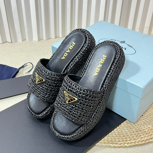 PRA CROCHET FLATFORM SLIDES BLACK RAFFIA