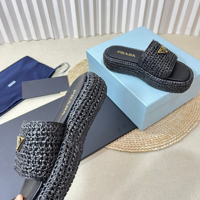 PRA CROCHET FLATFORM SLIDES BLACK RAFFIA