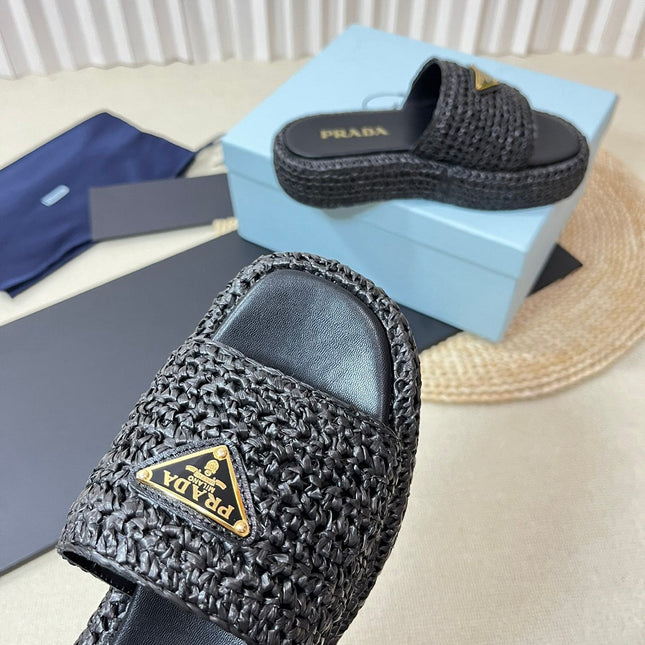 PRA CROCHET FLATFORM SLIDES BLACK RAFFIA