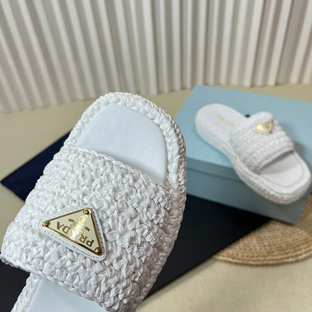 PRA CROCHET FLATFORM SLIDES WHITE RAFFIA
