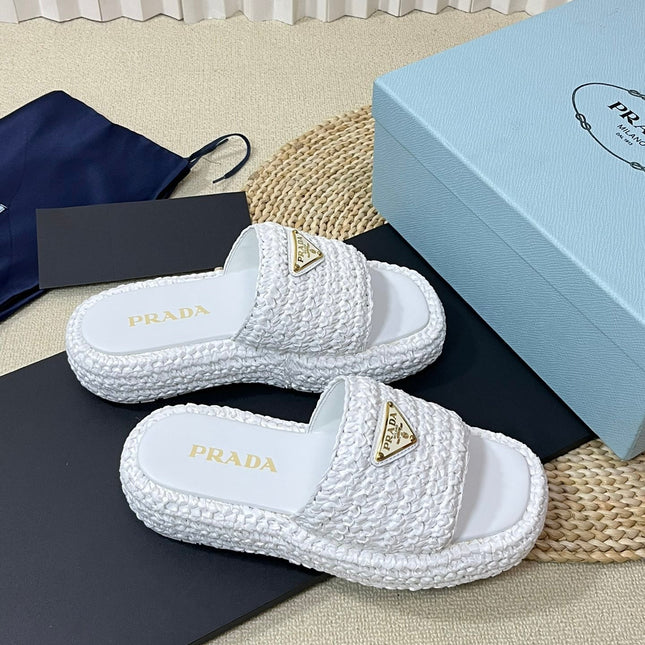 PRA CROCHET FLATFORM SLIDES WHITE RAFFIA