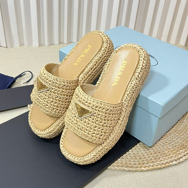 PRA CROCHET FLATFORM SLIDES BEIGE RAFFIA