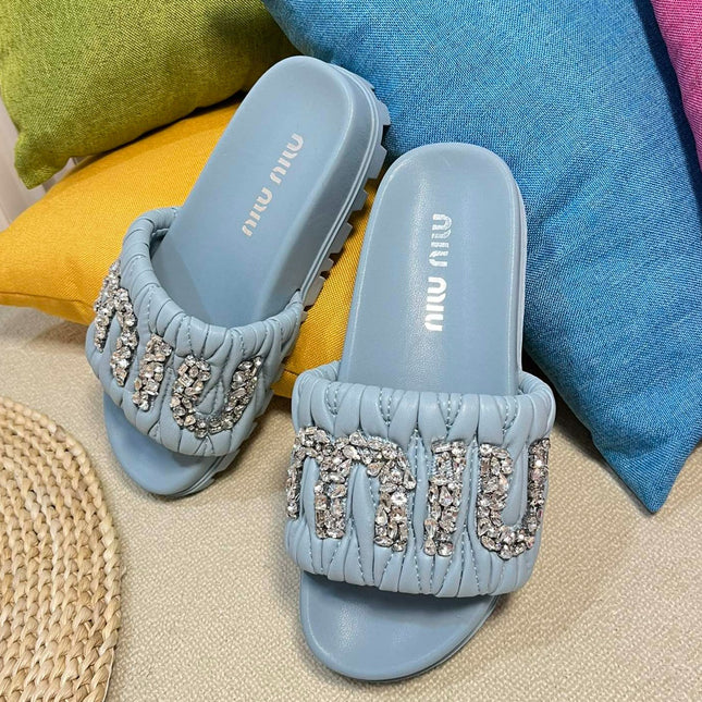 Sky Blue Sheepskin Diamond Slippers