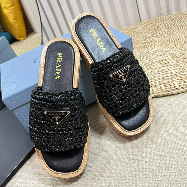 PRA WEDGE FLATFORM SLIDES BLACK RAFFIA