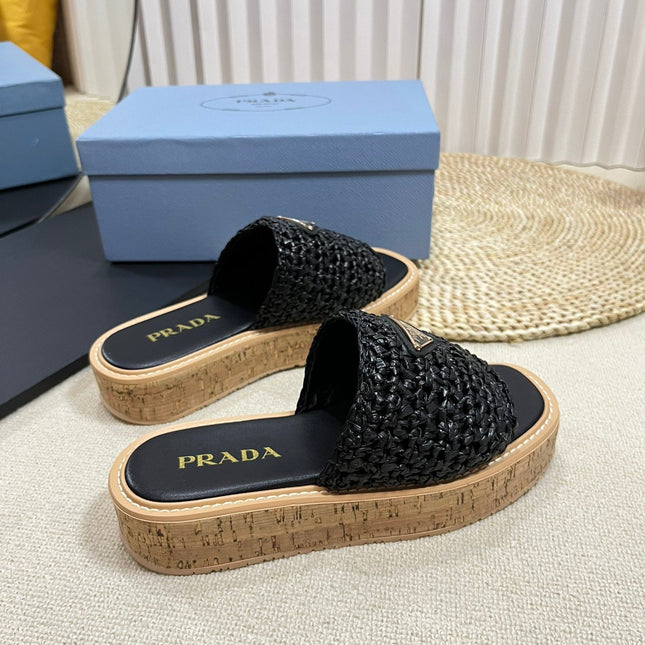 PRA WEDGE FLATFORM SLIDES BLACK RAFFIA