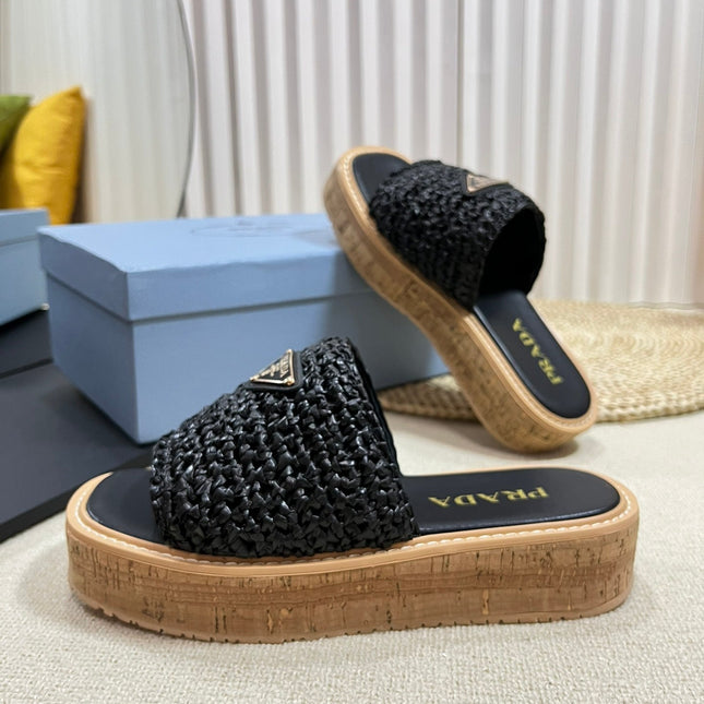 PRA WEDGE FLATFORM SLIDES BLACK RAFFIA