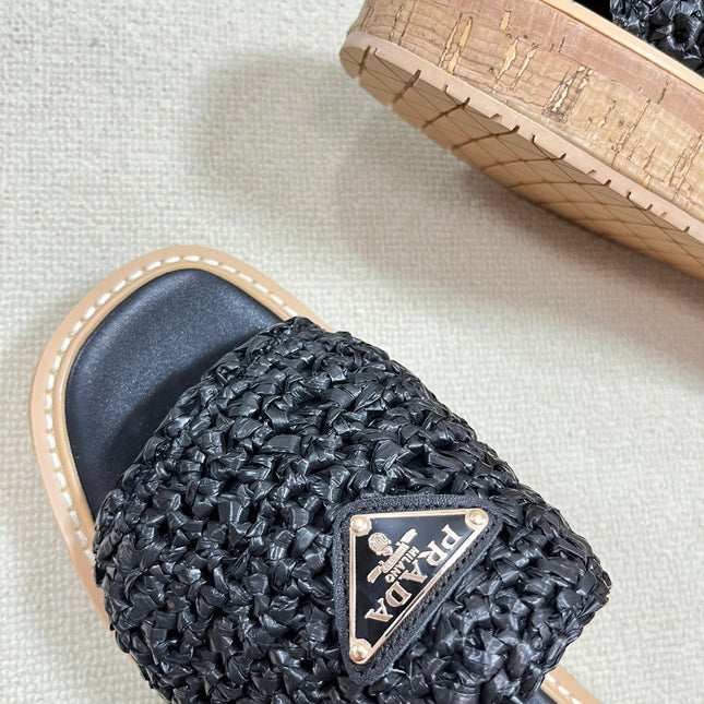 PRA WEDGE FLATFORM SLIDES BLACK RAFFIA