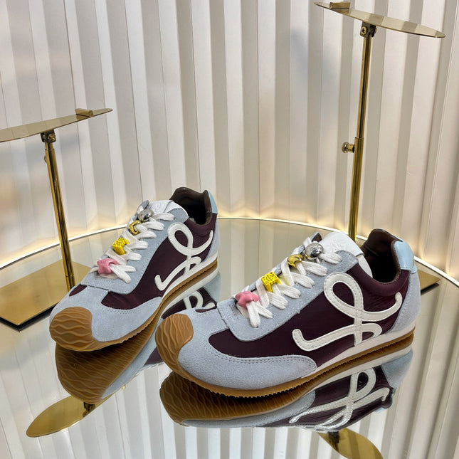 LOEWE 26S RUNNER 2.0 SNEAKERS IN LIGHT BLUE SUEDE AND BROWN FABRIC