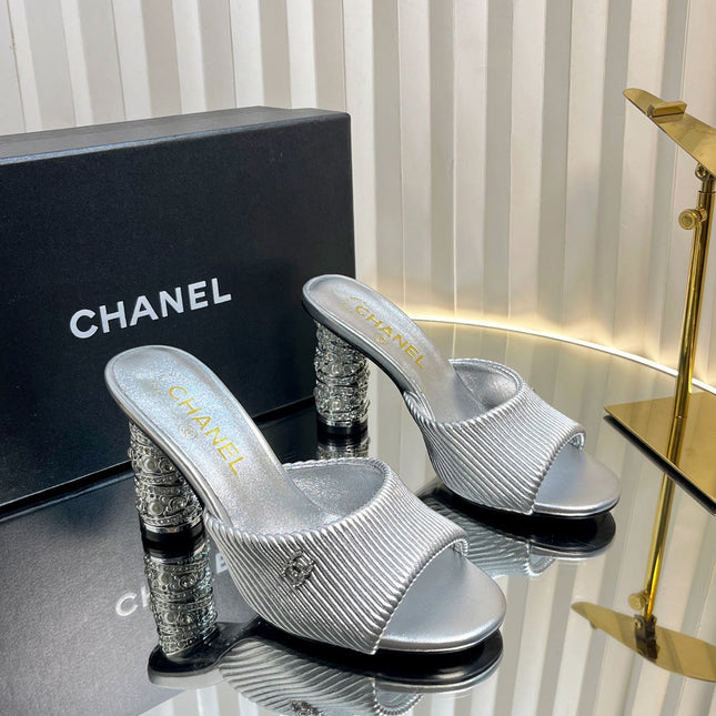 CHANEL 26S EMBELLISHED HEELED SANDALS 80 MM IN SILVER LAMBSKIN